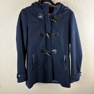 Liz Claiborne Black Wool Blend Peacoat Detachable Hood Toggle Zip Closure Small